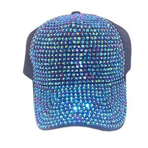 CRYSTAL EMBELLISHED BASEBALL CAP HAT W/ BLUE & PURPLE IRIDESCENT CRYSTALS - NWOT